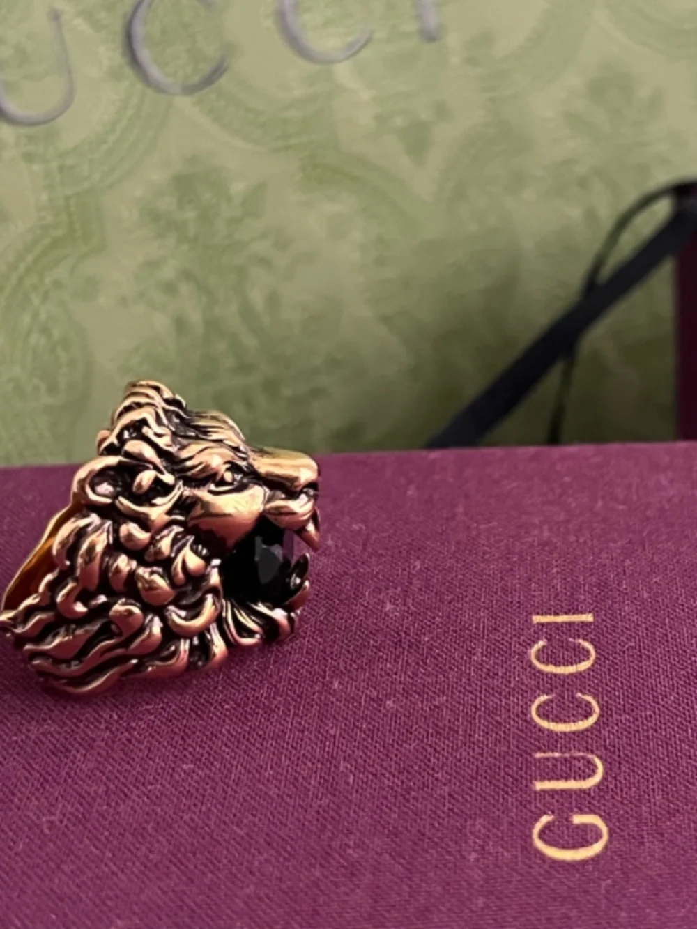 Gucci Lion Head Gold Color Ring with Black Stone Size 23 IT 10.5 US New